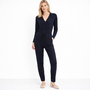 COS Navy Blue Wool Jumpsuit V-Neck Long Sleeve Drawstring Waist Size S Small
